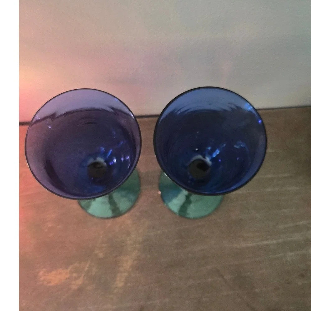 Vintage Cobalt Blue Emerald Green Art Glass Wine Goblets Pair 7.5